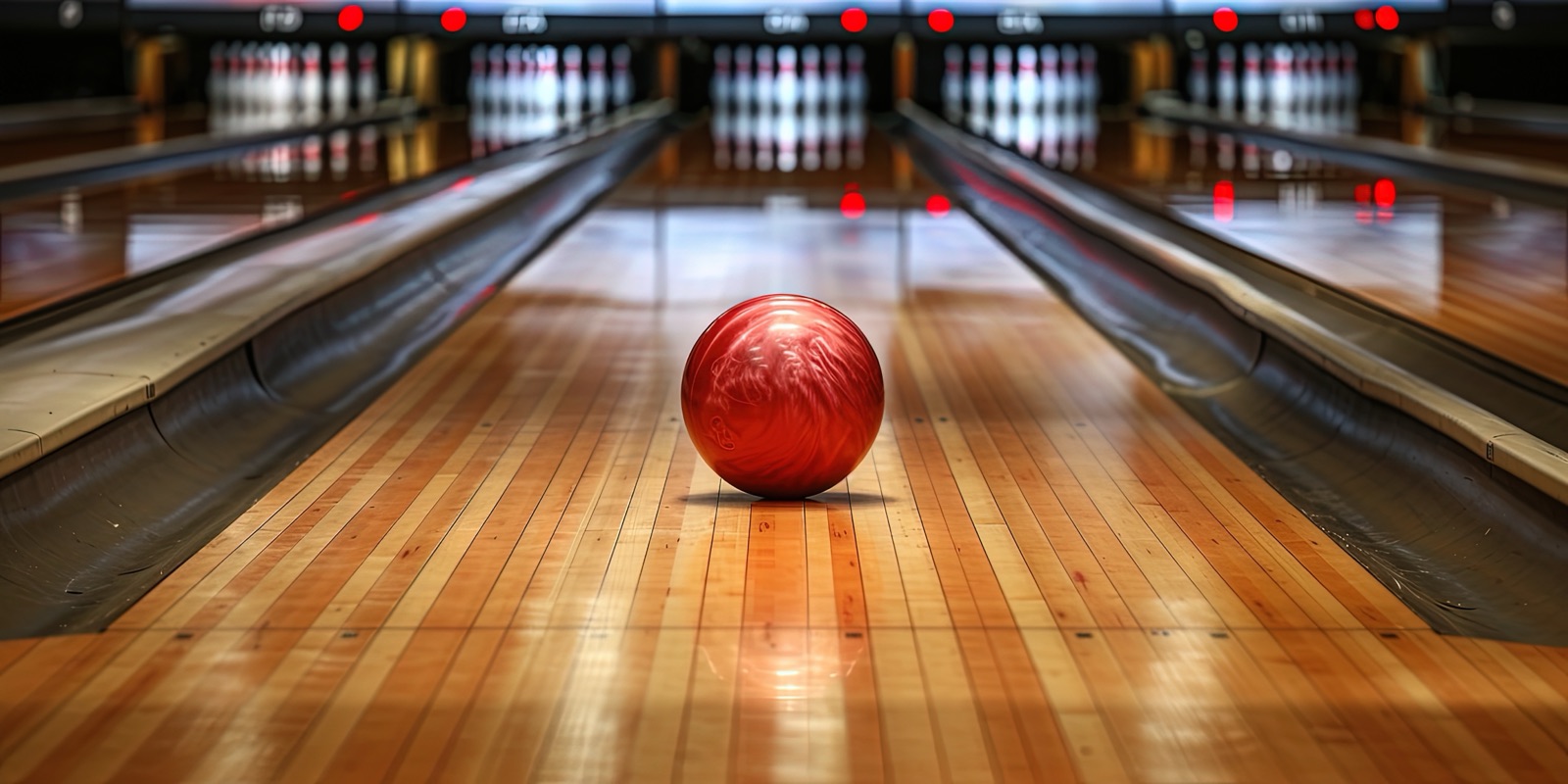 A red bowling ball rolling down the lane toward the pins