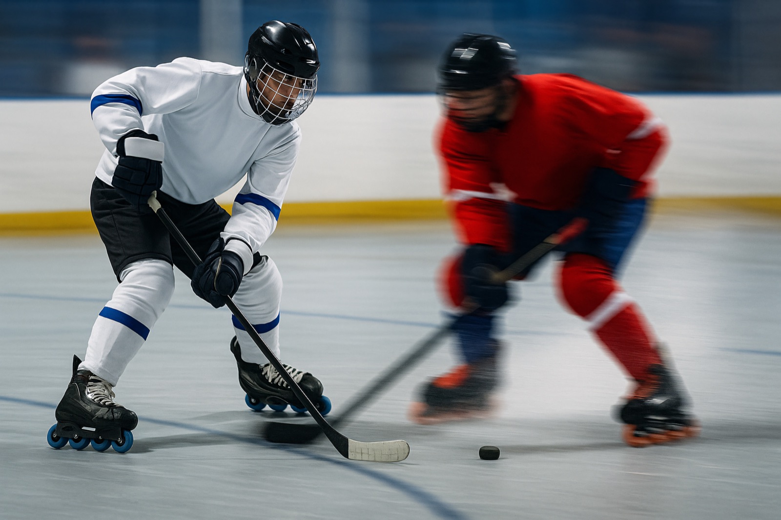 Two dek hockey players on inline skates battling for the puck