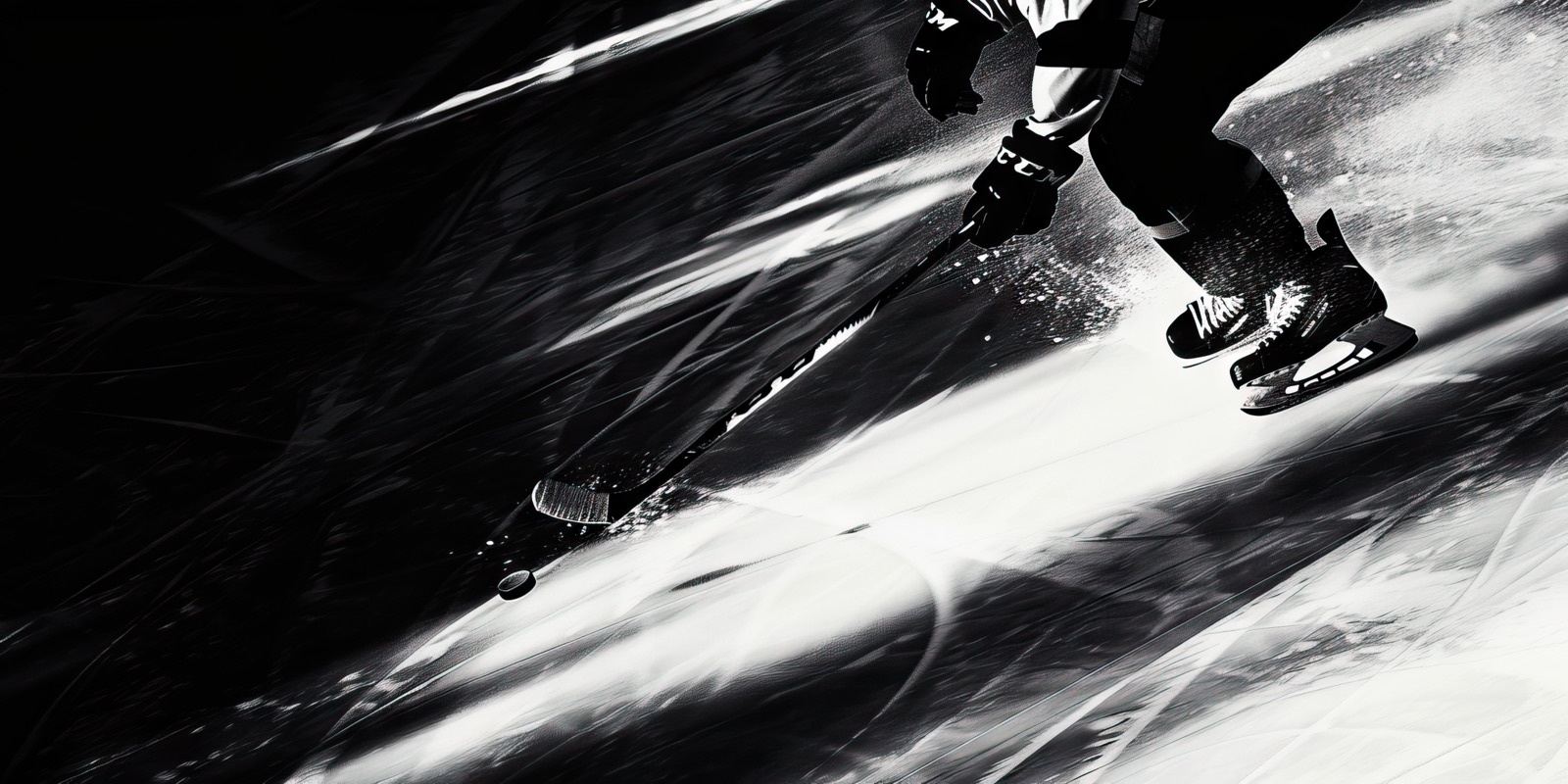 A hockey player skating hard with the puck in dramatic black and white